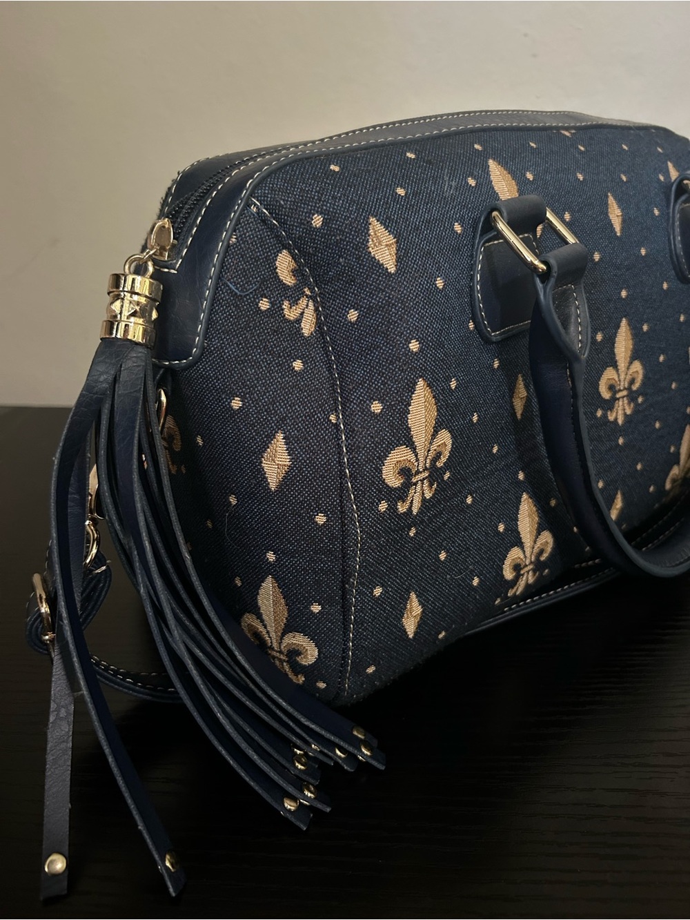 Signare Navy Canvas Shoulder Bag with Gold Fleur-de-Lis Accents